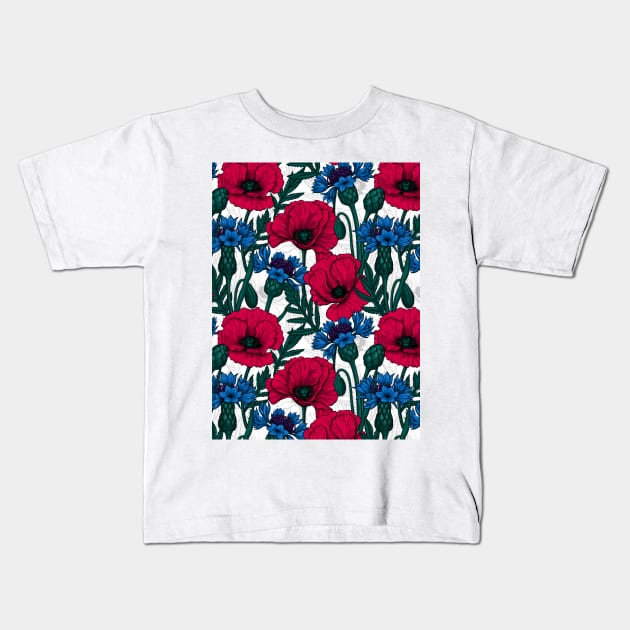 Red poppies and blue cornflowers on white Kids T-Shirt by katerinamk